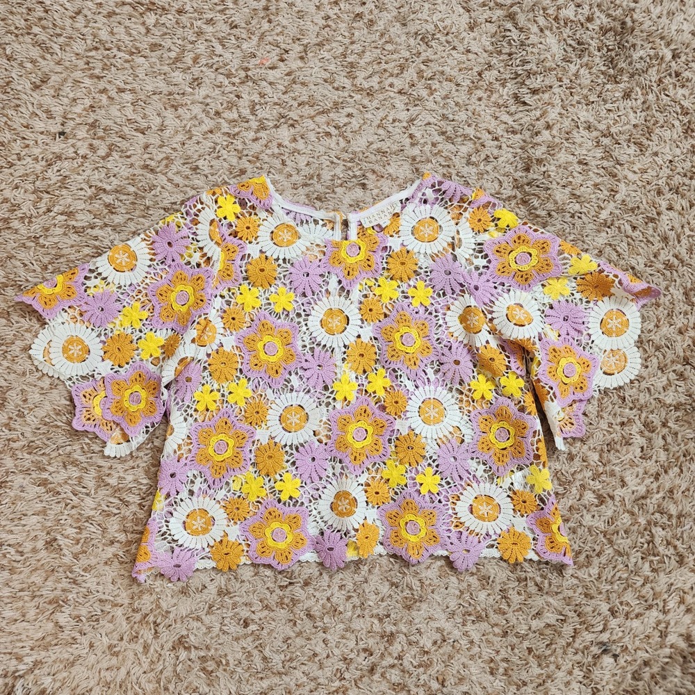 Hannah Banana Crochet Lace Top Girls 14 Purple Yellow Floral Short Sleeve